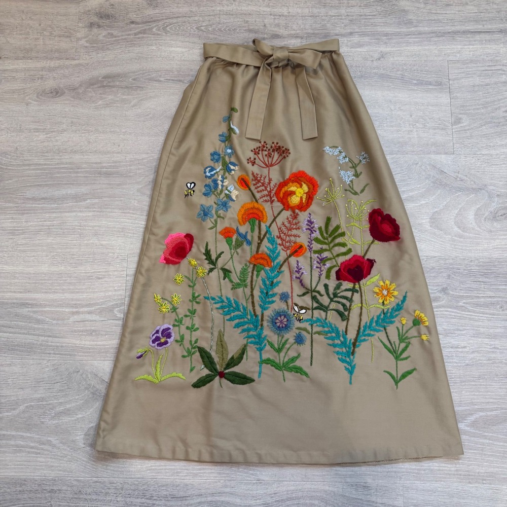 Handmade Floral Embroidered Wrap Skirt Khaki Midi Tie Waist Cottagecore Bee